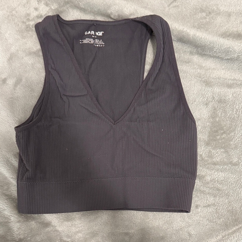 Garage Black Ribbed V-Neck Cropped Tank